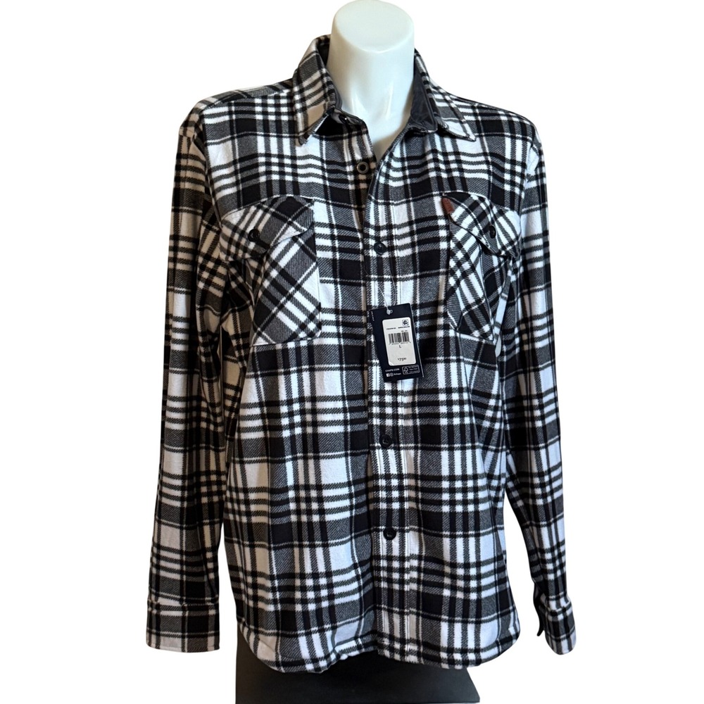 NEW NWT $75 Chaps Black White Plaid Fleece Button Down Shirt Womens Size Large